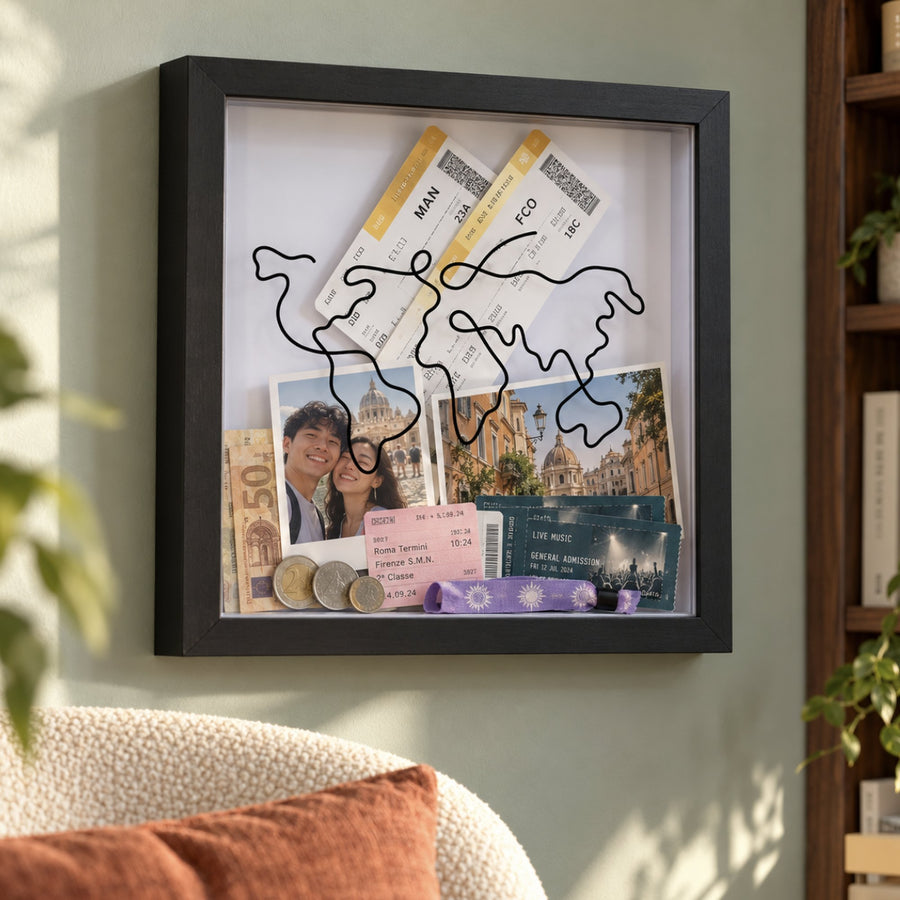 The Wandersake Memory Box filled with travel tickets