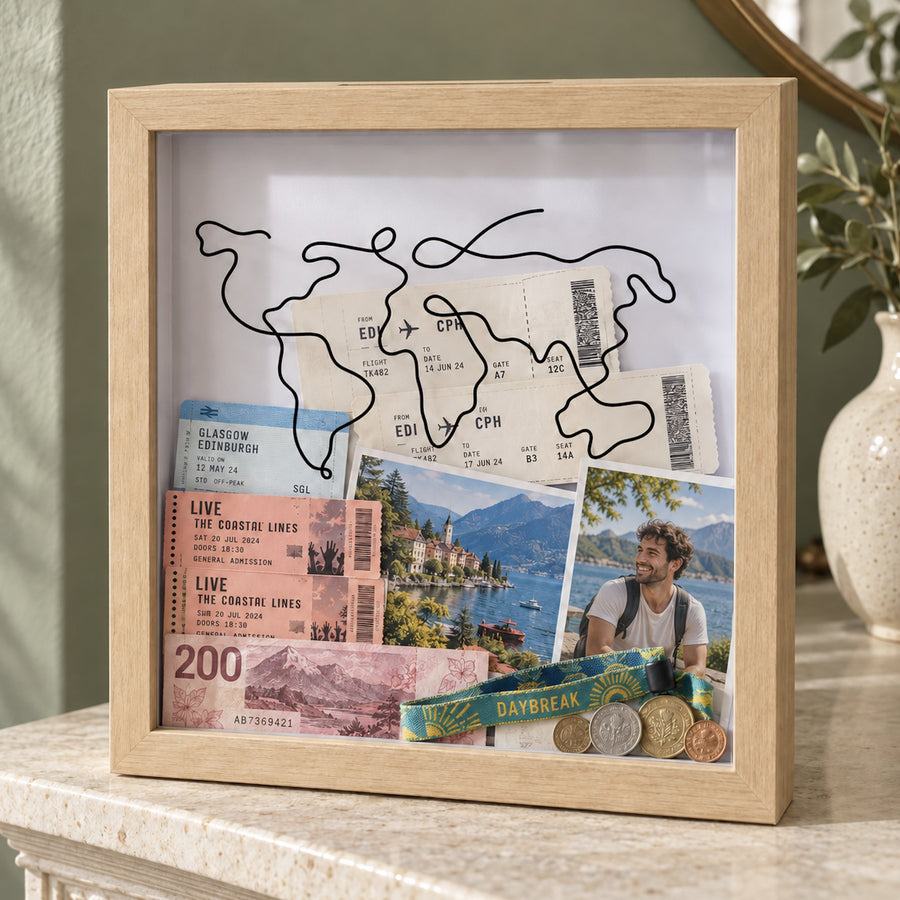 The Wandersake Memory Box filled with travel tickets